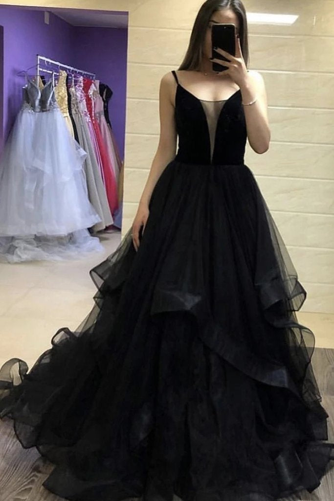 Black Tulle Long Prom Dresses, Black ...